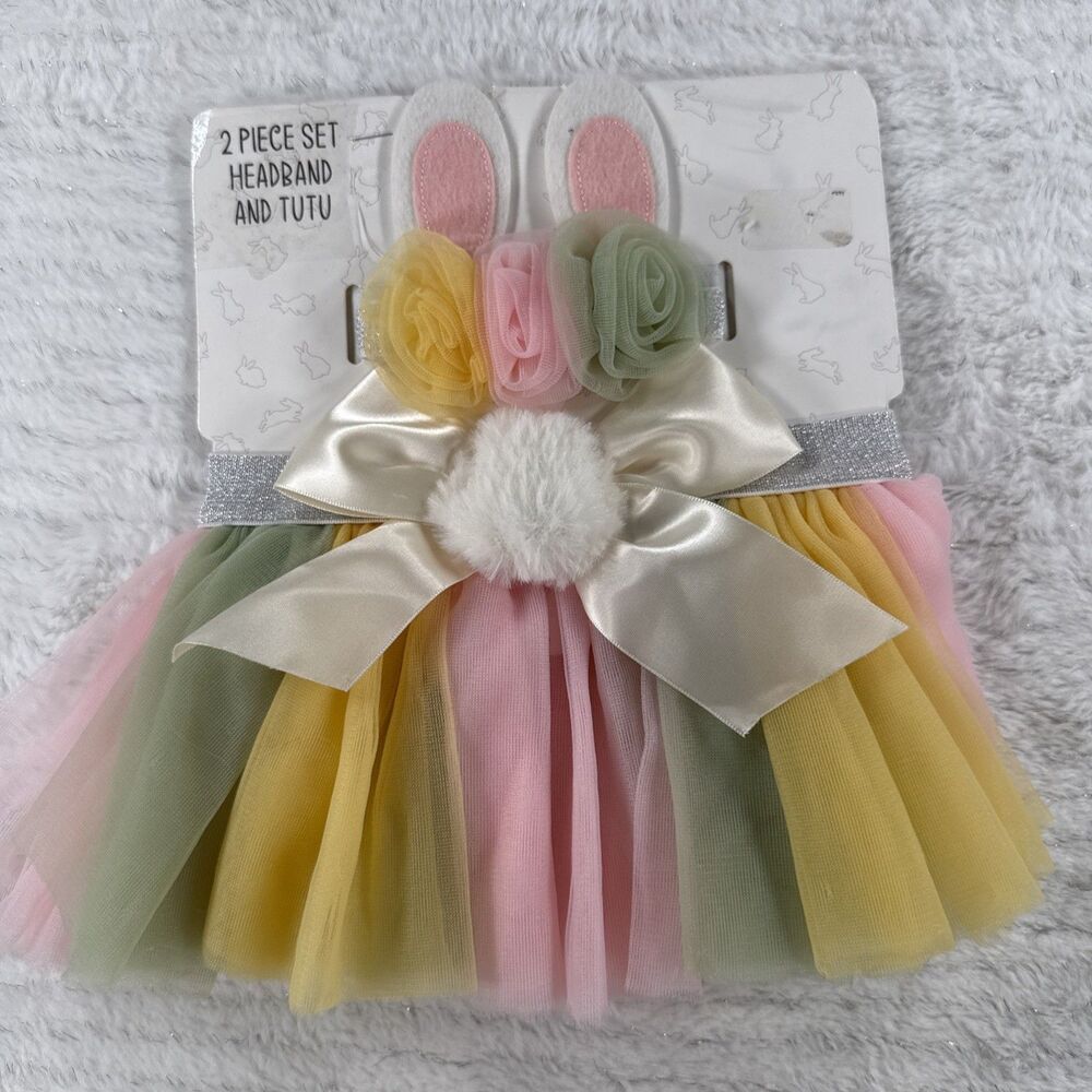 Baby Girl White Bow Tulle Tutu Skirt & Pink Flower Bunny Ears Headband Set - New